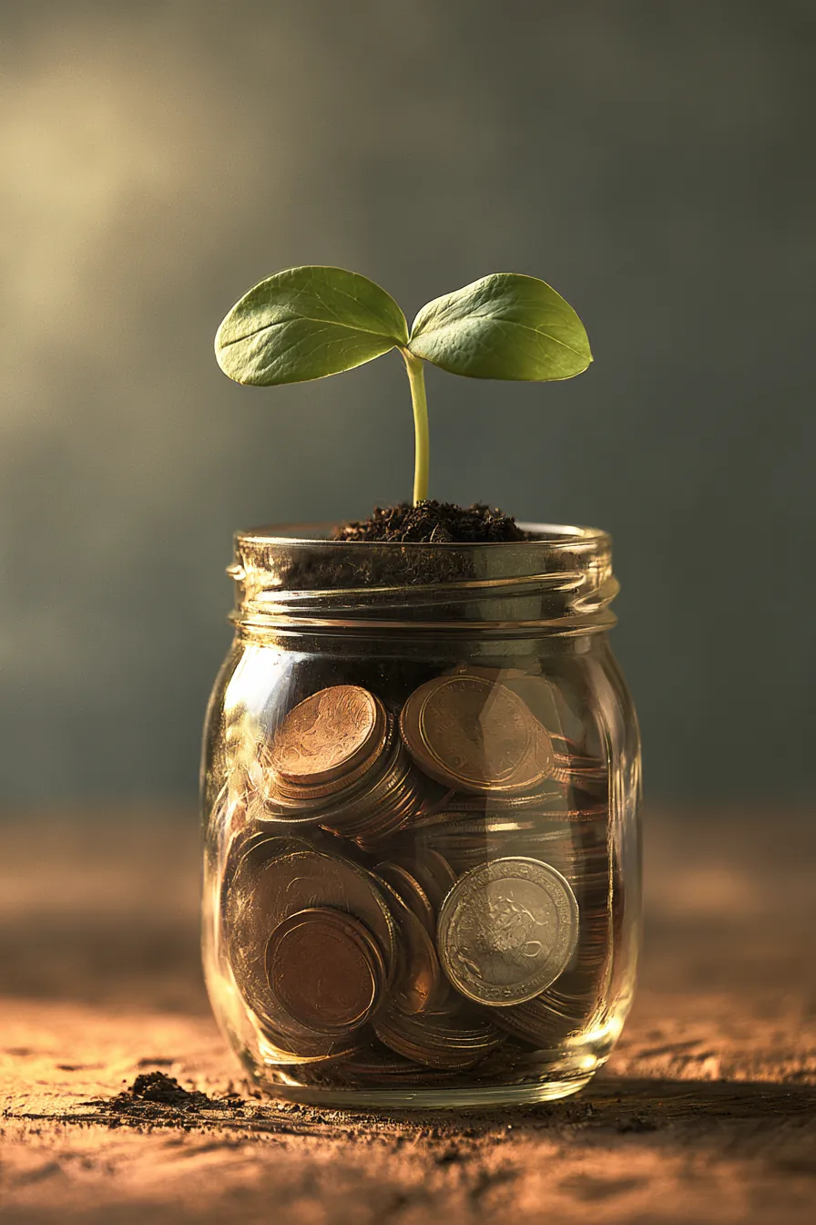 Seedling growing from a jar of coins representing a car fund growing $25 at a time