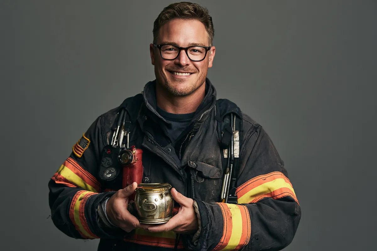American firefighter holding a savings box for an emergency car fund